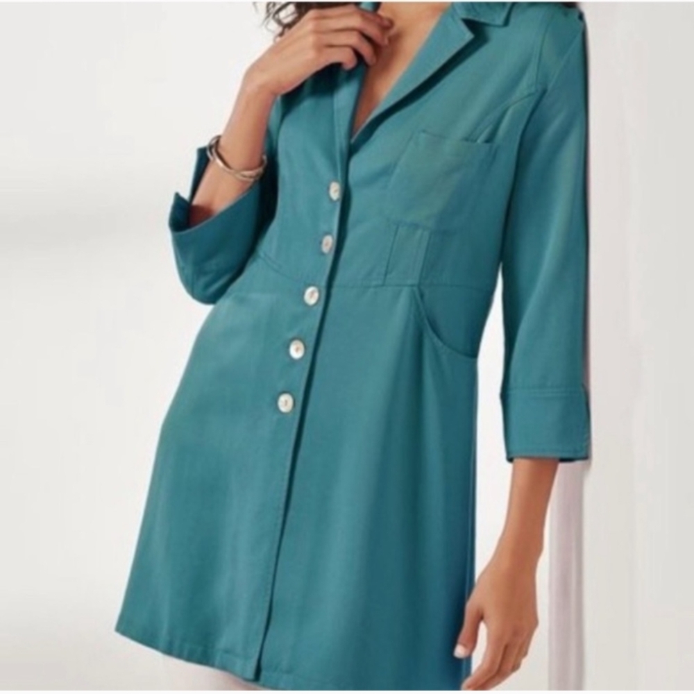 NWOT Soft Surroundings Marcie Teal Blue Button Up Tunic Shirt Size Large Tencel